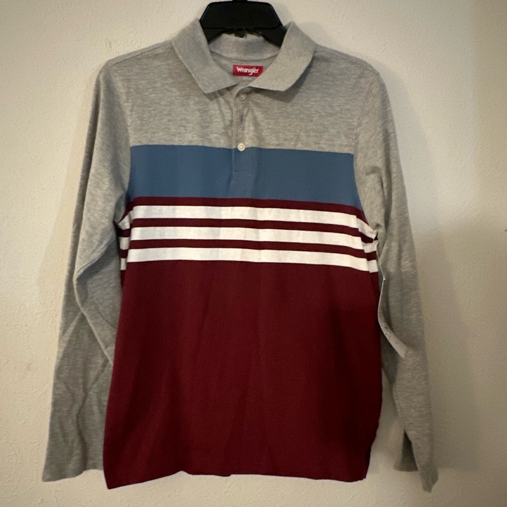Wrangler boys Polo with Gray, Blue, and Red Stripes